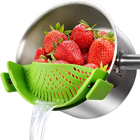 Clip on Strainer, Silicone Snap Strainer Fits Most Pots, Pans and Bowls, Heat Resistant Clip on Colander Kitchen Gadgets for Pasta, Spaghetti, Ground Beef Grease